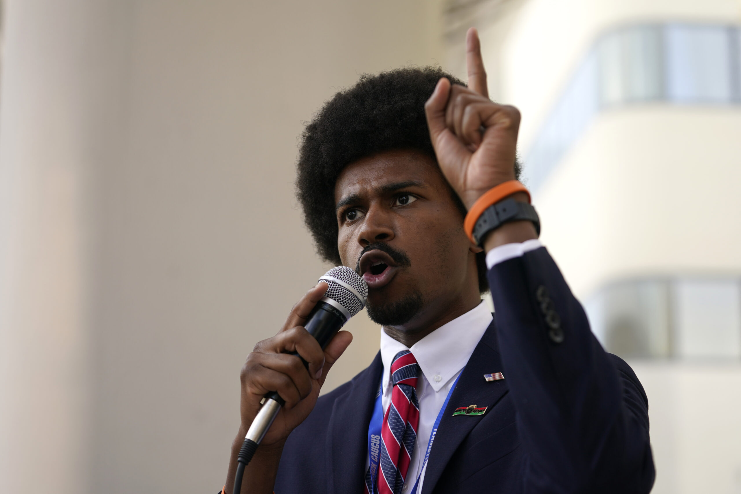 Tennessee State Rep. Justin Pearson, D-Memphis talks during a speech at the 