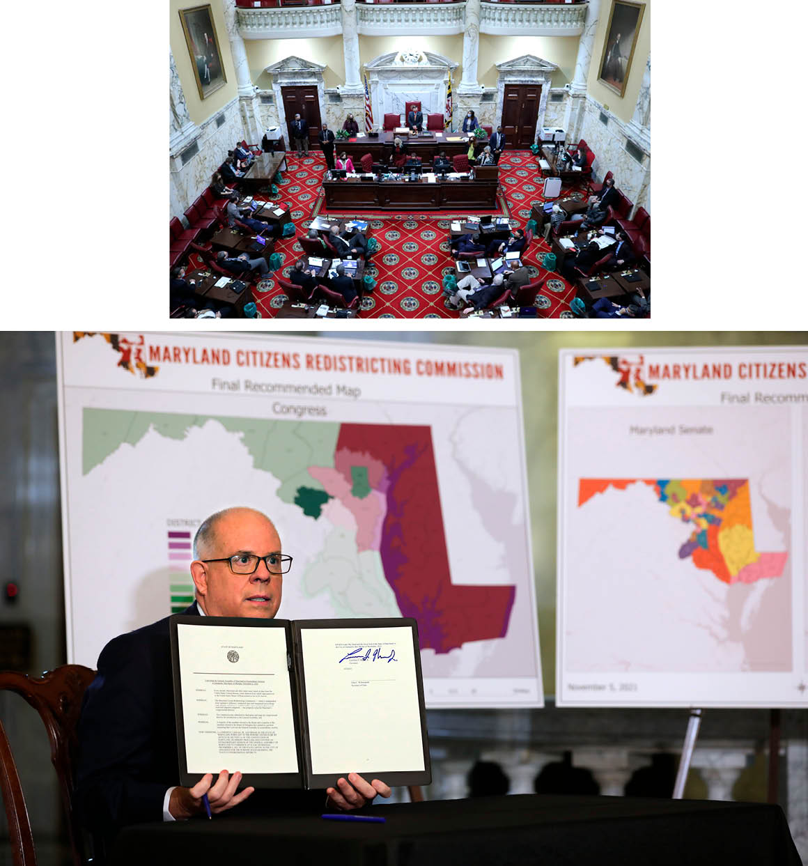 The Maryland Senate debates, top, before voting to override Gov. Larry Hogan's veto of a redrawn Maryland congressional map, Dec. 9, 2021 in Annapolis, Maryland. Maryland Gov. Larry Hogan shows a proclamation he signed calling for a special session of the Maryland General Assembly to begin on Dec. 6 for the purpose of approving new districts for the state's eight congressional seats based on the recent census, Nov. 5, 2021, in Annapolis, Maryland.